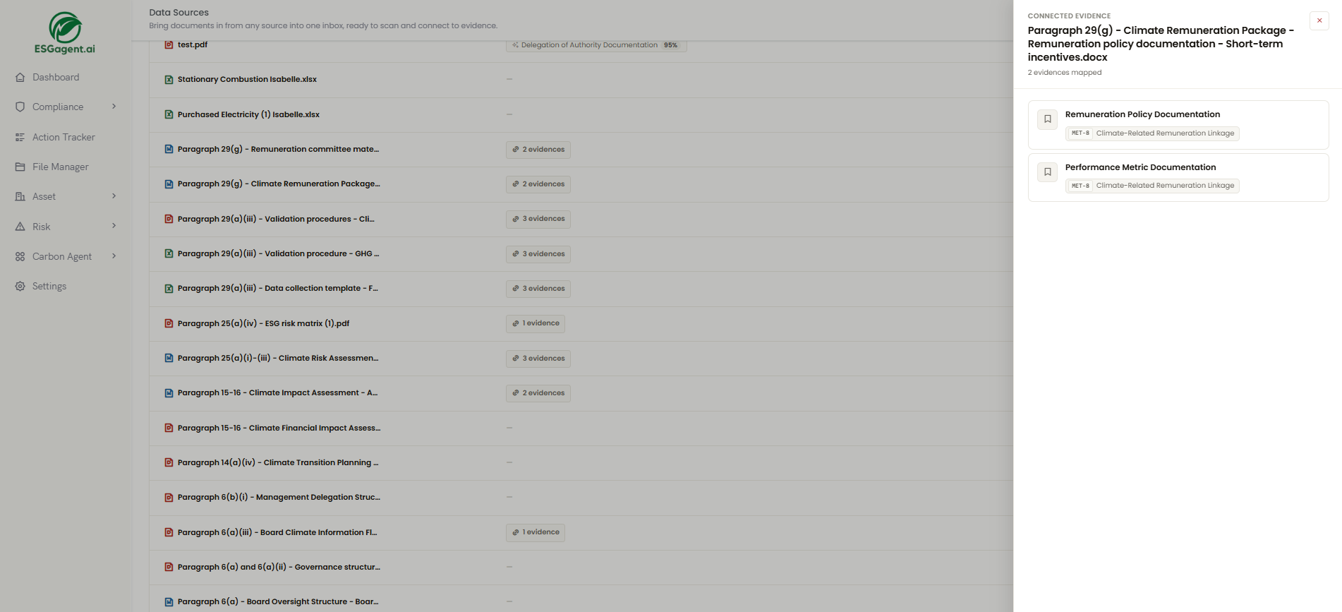 Data sources view: disclosure documents mapped to AASB S2 evidence